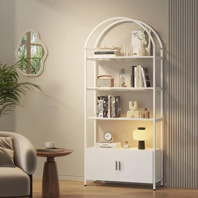 Main image of Arched Bookshelf with Doors, 71" Tall Industrial Bookcase with Sturdy Metal Frame, Freestanding Display Shelving Unit, White Geometric Book Shelf for Lving Room, Bedroom, Home Office