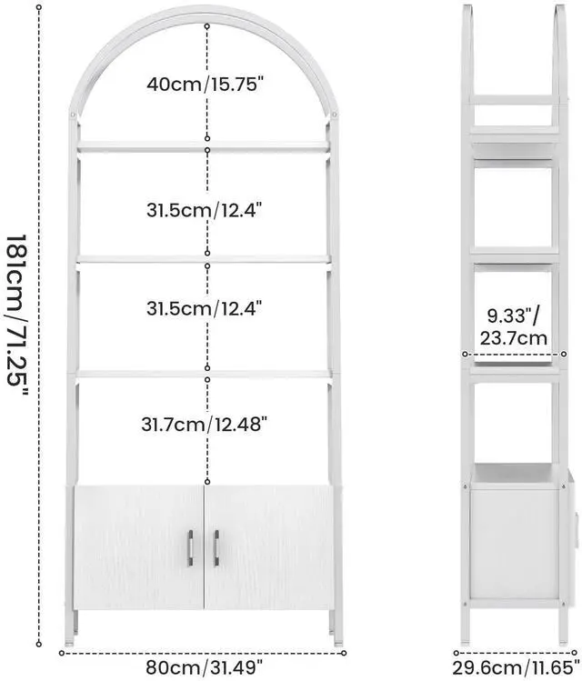 Alt view image 2 of 6 - Arched Bookshelf with Doors, 71" Tall Industrial Bookcase with Sturdy Metal Frame, Freestanding Display Shelving Unit, White Geometric Book Shelf for Lving Room, Bedroom, Home Office