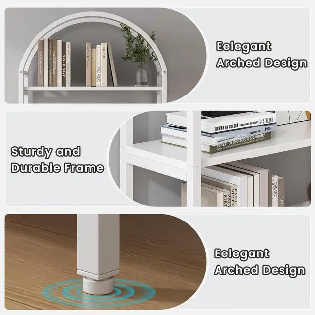 Alt view image 3 of 6 - Arched Bookshelf with Doors, 71" Tall Industrial Bookcase with Sturdy Metal Frame, Freestanding Display Shelving Unit, White Geometric Book Shelf for Lving Room, Bedroom, Home Office