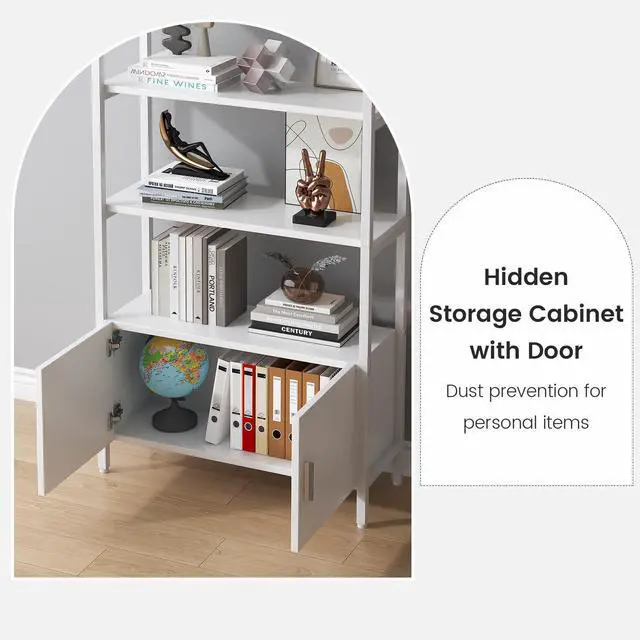 Alt view image 4 of 6 - Arched Bookshelf with Doors, 71" Tall Industrial Bookcase with Sturdy Metal Frame, Freestanding Display Shelving Unit, White Geometric Book Shelf for Lving Room, Bedroom, Home Office