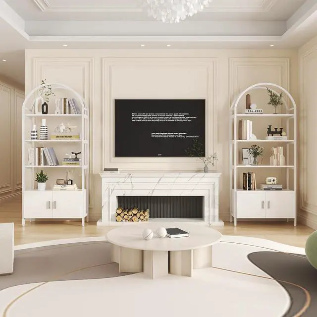 Alt view image 5 of 6 - Arched Bookshelf with Doors, 71" Tall Industrial Bookcase with Sturdy Metal Frame, Freestanding Display Shelving Unit, White Geometric Book Shelf for Lving Room, Bedroom, Home Office