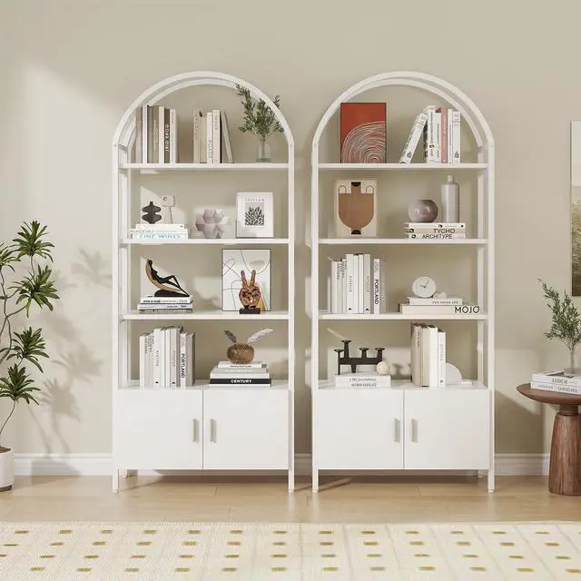Alt view image 6 of 6 - Arched Bookshelf with Doors, 71" Tall Industrial Bookcase with Sturdy Metal Frame, Freestanding Display Shelving Unit, White Geometric Book Shelf for Lving Room, Bedroom, Home Office