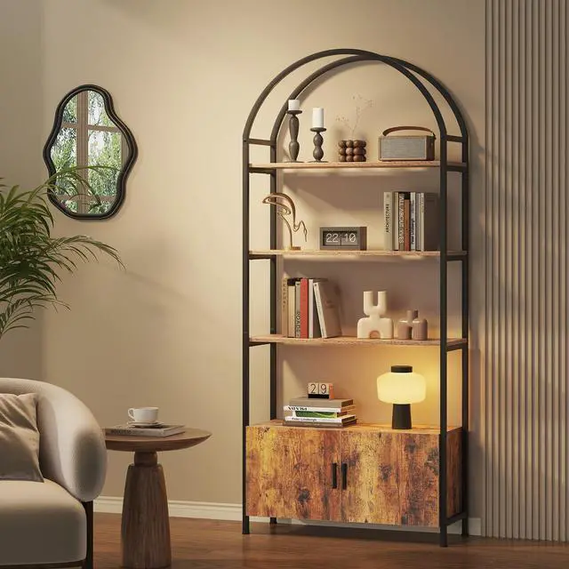 Main image of Arched Bookshelf with Doors, 71" Tall Industrial Bookcase with Sturdy Metal Frame, Vintage Display Shelving Unit, Rustic Geometric Book Shelf for Lving Room, Bedroom, Home Office