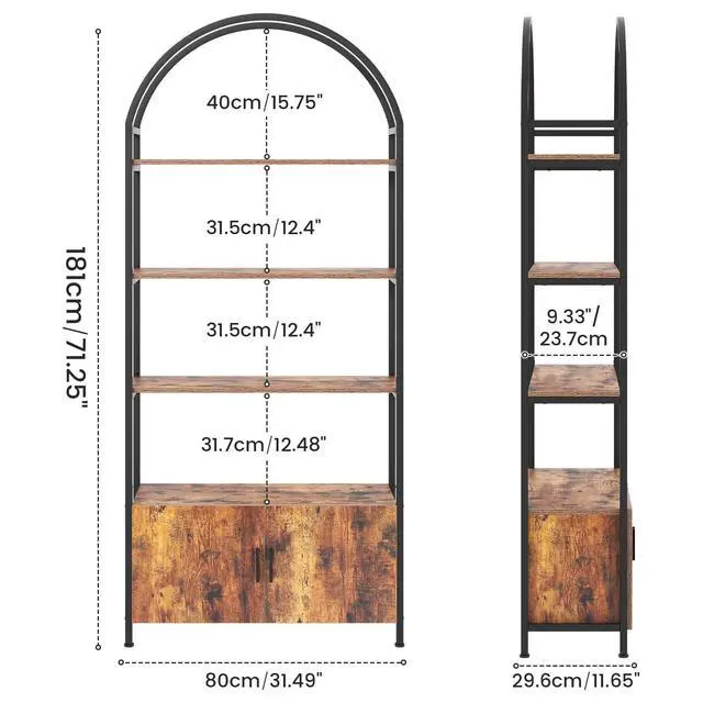 Alt view image 2 of 6 - Arched Bookshelf with Doors, 71" Tall Industrial Bookcase with Sturdy Metal Frame, Vintage Display Shelving Unit, Rustic Geometric Book Shelf for Lving Room, Bedroom, Home Office