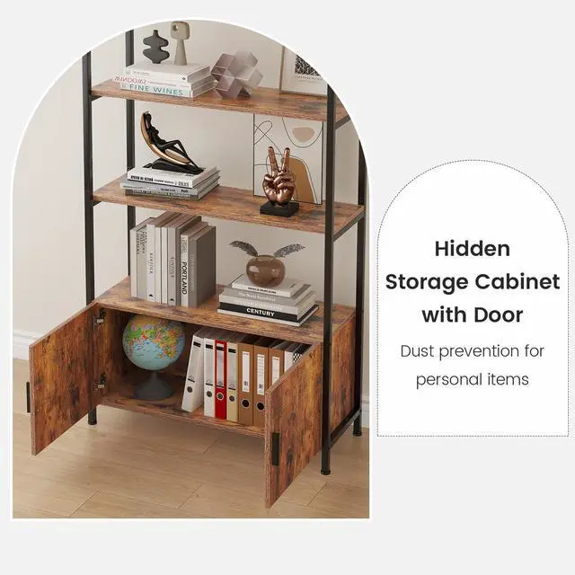 Alt view image 4 of 6 - Arched Bookshelf with Doors, 71" Tall Industrial Bookcase with Sturdy Metal Frame, Vintage Display Shelving Unit, Rustic Geometric Book Shelf for Lving Room, Bedroom, Home Office