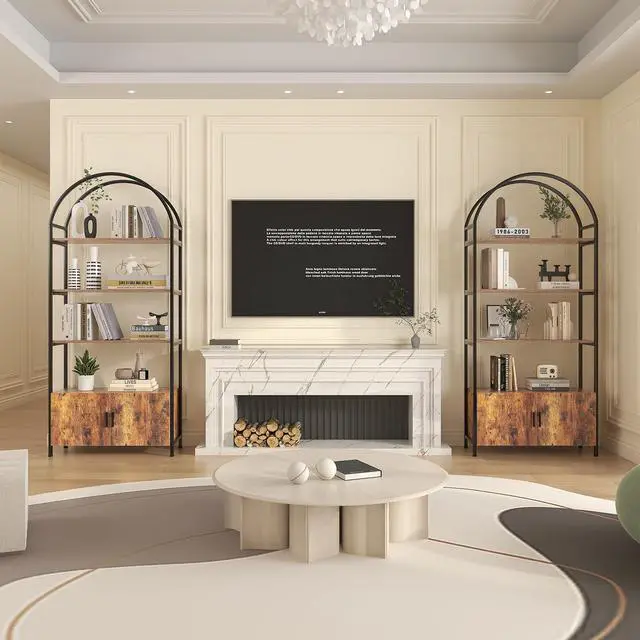 Alt view image 5 of 6 - Arched Bookshelf with Doors, 71" Tall Industrial Bookcase with Sturdy Metal Frame, Vintage Display Shelving Unit, Rustic Geometric Book Shelf for Lving Room, Bedroom, Home Office