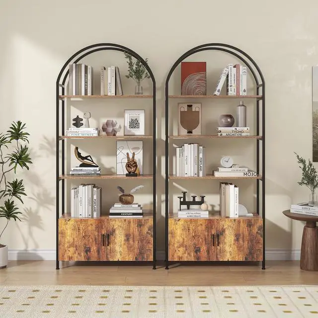 Alt view image 6 of 6 - Arched Bookshelf with Doors, 71" Tall Industrial Bookcase with Sturdy Metal Frame, Vintage Display Shelving Unit, Rustic Geometric Book Shelf for Lving Room, Bedroom, Home Office