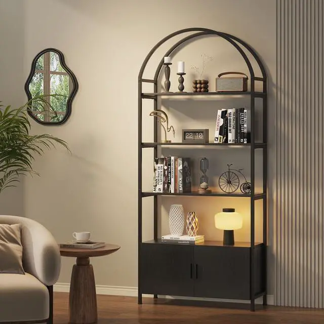 Main image of Arched Bookshelf with Doors, 71" Tall Industrial Bookcase with Sturdy Metal Frame, Vintage Display Shelving Unit, Black Geometric Book Shelf for Lving Room, Bedroom, Home Office