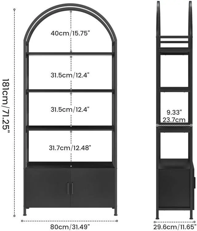 Alt view image 2 of 6 - Arched Bookshelf with Doors, 71" Tall Industrial Bookcase with Sturdy Metal Frame, Vintage Display Shelving Unit, Black Geometric Book Shelf for Lving Room, Bedroom, Home Office