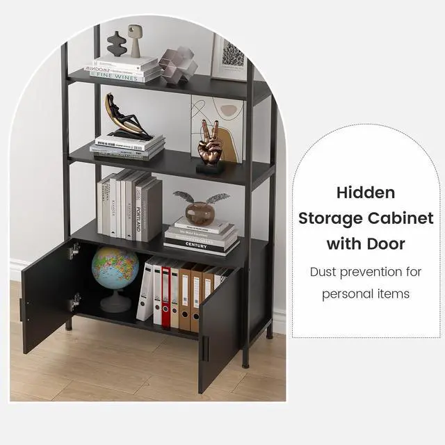 Alt view image 4 of 6 - Arched Bookshelf with Doors, 71" Tall Industrial Bookcase with Sturdy Metal Frame, Vintage Display Shelving Unit, Black Geometric Book Shelf for Lving Room, Bedroom, Home Office