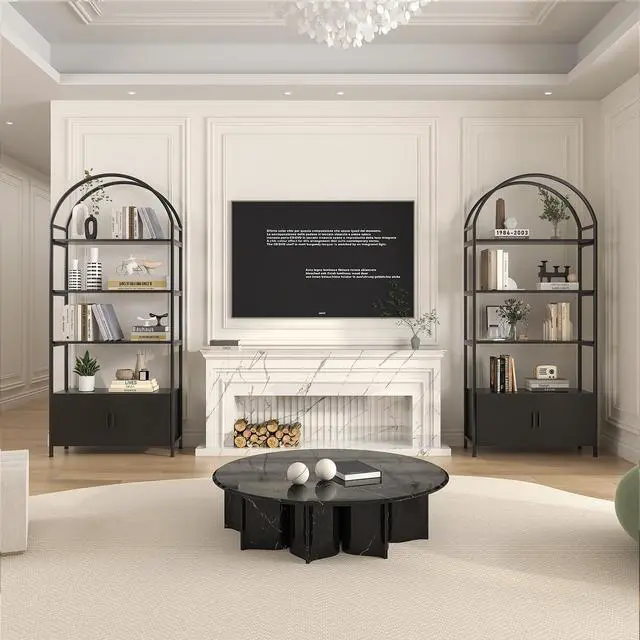 Alt view image 5 of 6 - Arched Bookshelf with Doors, 71" Tall Industrial Bookcase with Sturdy Metal Frame, Vintage Display Shelving Unit, Black Geometric Book Shelf for Lving Room, Bedroom, Home Office