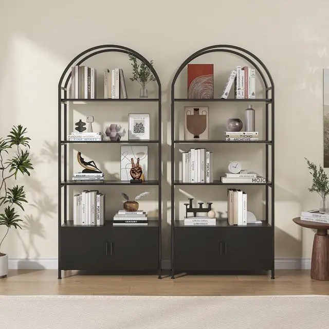Alt view image 6 of 6 - Arched Bookshelf with Doors, 71" Tall Industrial Bookcase with Sturdy Metal Frame, Vintage Display Shelving Unit, Black Geometric Book Shelf for Lving Room, Bedroom, Home Office
