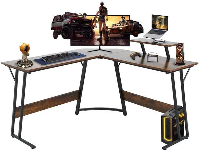 Main image of L Shaped Gaming Desk, Computer Desk Corner Desks Wood Gaming Table PC Table with Monitor Stand for Home Office Dorm Sturdy Writing Workstation, Carbon Fiber Surface, 50-Inch, Brown