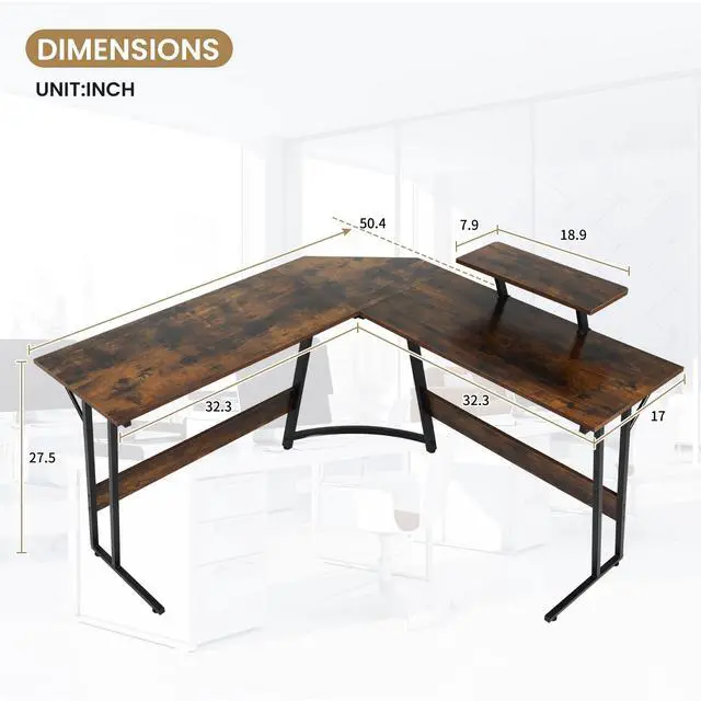 Alt view image 2 of 6 - L Shaped Gaming Desk, Computer Desk Corner Desks Wood Gaming Table PC Table with Monitor Stand for Home Office Dorm Sturdy Writing Workstation, Carbon Fiber Surface, 50-Inch, Brown