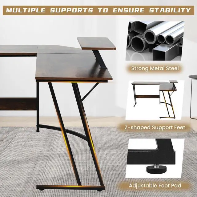 Alt view image 4 of 6 - L Shaped Gaming Desk, Computer Desk Corner Desks Wood Gaming Table PC Table with Monitor Stand for Home Office Dorm Sturdy Writing Workstation, Carbon Fiber Surface, 50-Inch, Brown