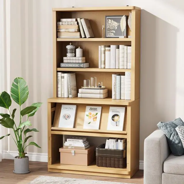 Main image of 5 Tier Bookcase with Flip-Flop Design, 71" x 37" x 16" Wooden Bookshelf, Extra Book Shelf Storage Organizer, Bookshelves for Home Office, Living Room, Study Room (Wood)