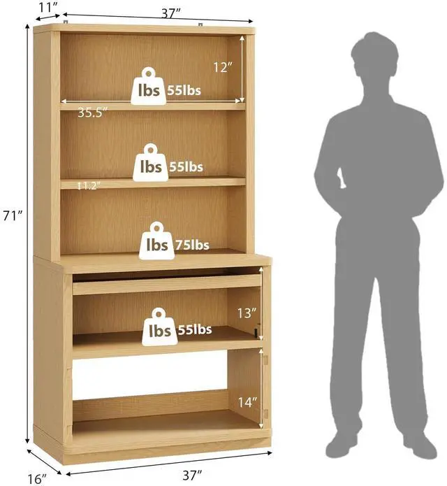 Alt view image 2 of 6 - 5 Tier Bookcase with Flip-Flop Design, 71" x 37" x 16" Wooden Bookshelf, Extra Book Shelf Storage Organizer, Bookshelves for Home Office, Living Room, Study Room (Wood)