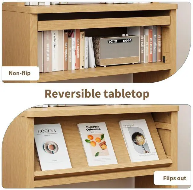 Alt view image 3 of 6 - 5 Tier Bookcase with Flip-Flop Design, 71" x 37" x 16" Wooden Bookshelf, Extra Book Shelf Storage Organizer, Bookshelves for Home Office, Living Room, Study Room (Wood)