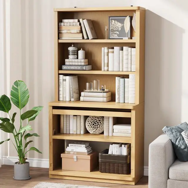 Alt view image 6 of 6 - 5 Tier Bookcase with Flip-Flop Design, 71" x 37" x 16" Wooden Bookshelf, Extra Book Shelf Storage Organizer, Bookshelves for Home Office, Living Room, Study Room (Wood)