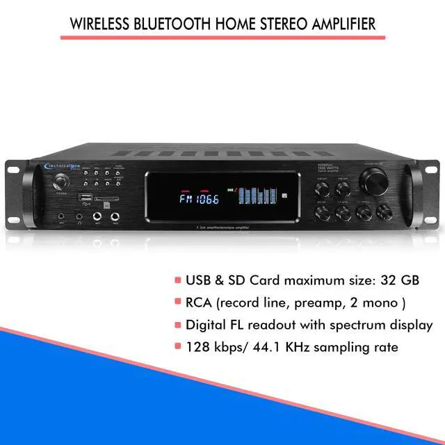Alt view image 4 of 4 - Bluetooth Home Stereo Amplifier, Digital Hybrid Multi Channel, 1500 Watt, Preamp, Tuner with USB and SD Inputs, 2 Mic Inputs, AM/FM digital tuner, Wireless Remote, Bass & Treble Controls