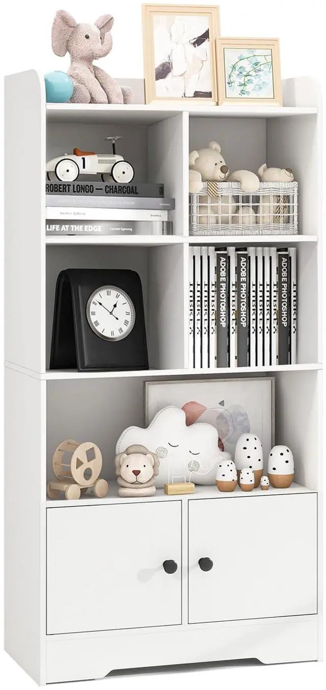 Main image of White Bookcase with Doors, 47.5" Tall Bookshelf with Storage Cabinet, 4-Tier Wooden Display Shelves, 5 Open Compartments, Modern Floor Book Shelf for Playroom, Bedroom, Living Room (White)