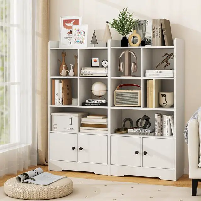 Alt view image 2 of 6 - White Bookcase with Doors, 47.5" Tall Bookshelf with Storage Cabinet, 4-Tier Wooden Display Shelves, 5 Open Compartments, Modern Floor Book Shelf for Playroom, Bedroom, Living Room (White)