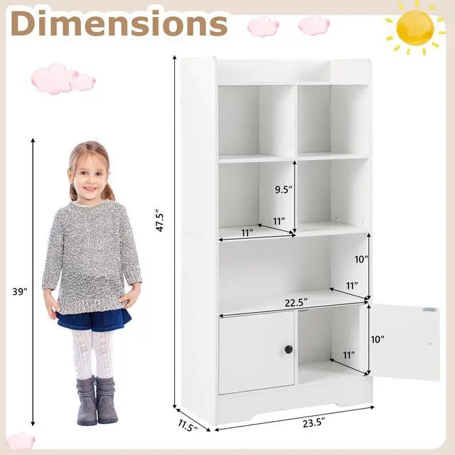 Alt view image 3 of 6 - White Bookcase with Doors, 47.5" Tall Bookshelf with Storage Cabinet, 4-Tier Wooden Display Shelves, 5 Open Compartments, Modern Floor Book Shelf for Playroom, Bedroom, Living Room (White)
