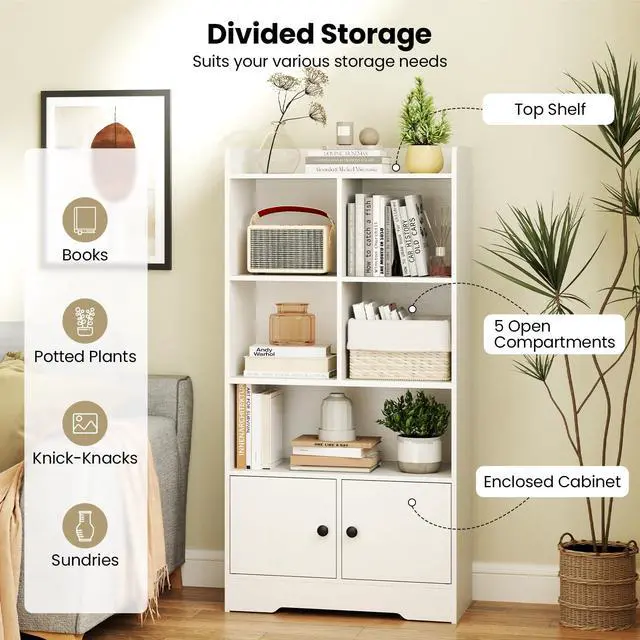 Alt view image 4 of 6 - White Bookcase with Doors, 47.5" Tall Bookshelf with Storage Cabinet, 4-Tier Wooden Display Shelves, 5 Open Compartments, Modern Floor Book Shelf for Playroom, Bedroom, Living Room (White)