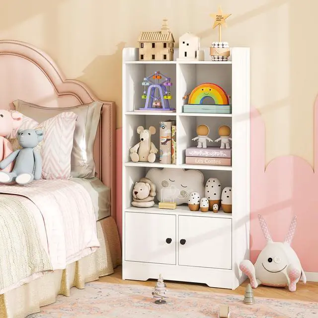 Alt view image 5 of 6 - White Bookcase with Doors, 47.5" Tall Bookshelf with Storage Cabinet, 4-Tier Wooden Display Shelves, 5 Open Compartments, Modern Floor Book Shelf for Playroom, Bedroom, Living Room (White)