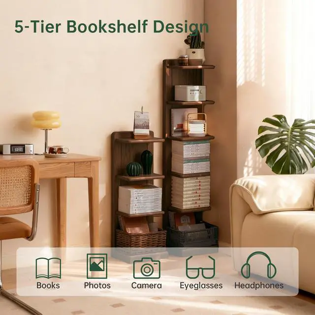 Alt view image 3 of 6 - 5-Tier Solid Wood Invisible Bookshelf, Standing Oak Book Tower, Creative Corner Storage Rack Bookshelf for Study, Home Walnut