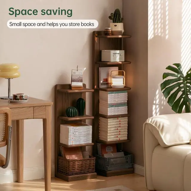 Alt view image 5 of 6 - 5-Tier Solid Wood Invisible Bookshelf, Standing Oak Book Tower, Creative Corner Storage Rack Bookshelf for Study, Home Walnut