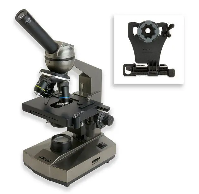 Alt view image 2 of 4 - Beginner 100-1000x Compound Student Microscope with Mechanical Stage, Universal Smartphone Digiscoping Adapter, and Cam Phone App (MS-100SP)