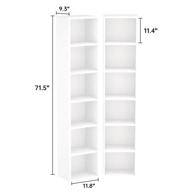 Alt view image 3 of 6 - 6-Tier Bookshelf 71.5'' Tall Narrow Set of 2 Modern Corner Bookcase Cube Display Rack Compact with Storage Space CD Storage Cabinet for Home Office (White, 6-Tier-2-Pack Narrow)