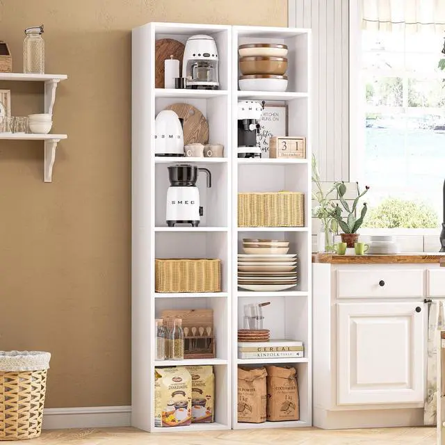 Alt view image 6 of 6 - 6-Tier Bookshelf 71.5'' Tall Narrow Set of 2 Modern Corner Bookcase Cube Display Rack Compact with Storage Space CD Storage Cabinet for Home Office (White, 6-Tier-2-Pack Narrow)