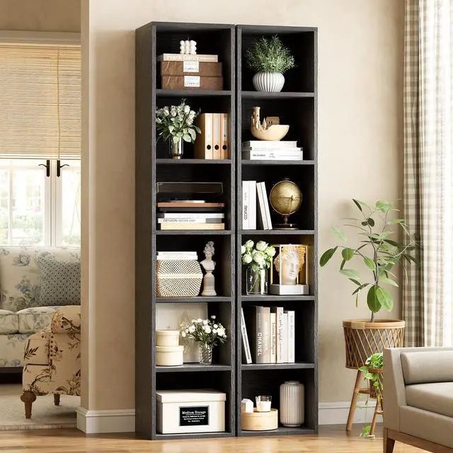 Alt view image 2 of 6 - 6-Tier Bookshelf 71.5'' Tall Narrow Set of 2 Modern Corner Bookcase Cube Display Rack Compact with Storage Space CD Storage Cabinet for Home Office (Black, 6-Tier-2-Pack)
