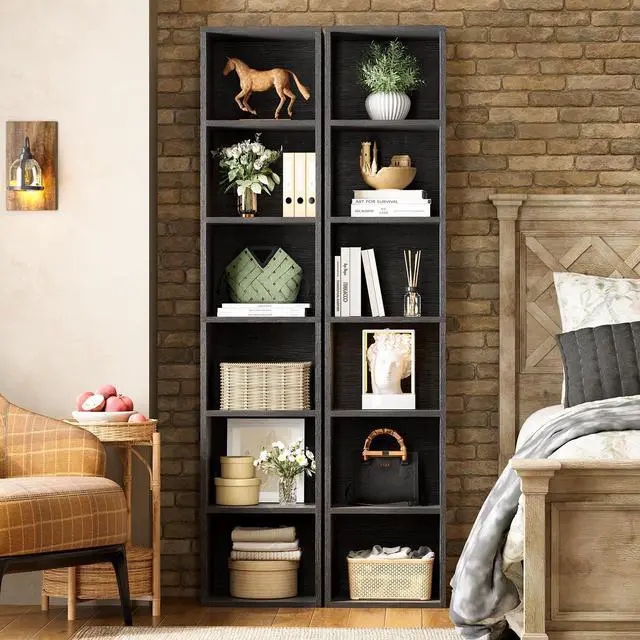 Alt view image 4 of 6 - 6-Tier Bookshelf 71.5'' Tall Narrow Set of 2 Modern Corner Bookcase Cube Display Rack Compact with Storage Space CD Storage Cabinet for Home Office (Black, 6-Tier-2-Pack)