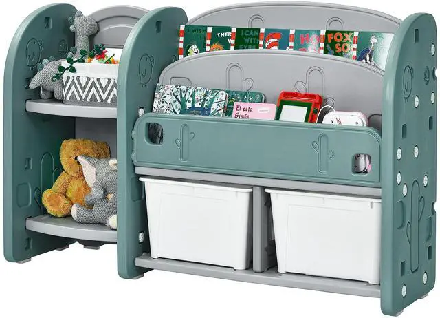 Main image of Kids Toy Storage Organizer, Toddler Bookshelf Cabinet w/ 2-Tier Bookshelf, 2 Shelves, 2 Removable Bins, Children Bookcase Display Book Rack for Kids Room Bedroom Playroom Furniture (Green)