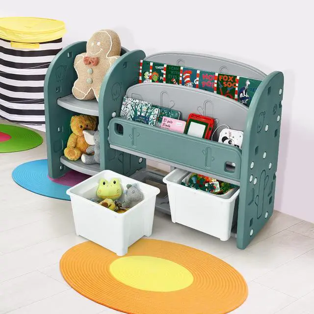 Alt view image 2 of 6 - Kids Toy Storage Organizer, Toddler Bookshelf Cabinet w/ 2-Tier Bookshelf, 2 Shelves, 2 Removable Bins, Children Bookcase Display Book Rack for Kids Room Bedroom Playroom Furniture (Green)