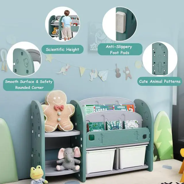 Alt view image 4 of 6 - Kids Toy Storage Organizer, Toddler Bookshelf Cabinet w/ 2-Tier Bookshelf, 2 Shelves, 2 Removable Bins, Children Bookcase Display Book Rack for Kids Room Bedroom Playroom Furniture (Green)