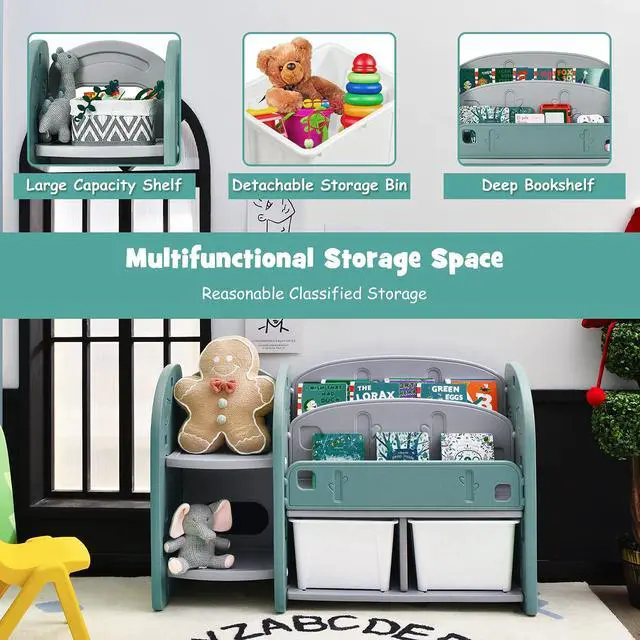 Alt view image 5 of 6 - Kids Toy Storage Organizer, Toddler Bookshelf Cabinet w/ 2-Tier Bookshelf, 2 Shelves, 2 Removable Bins, Children Bookcase Display Book Rack for Kids Room Bedroom Playroom Furniture (Green)