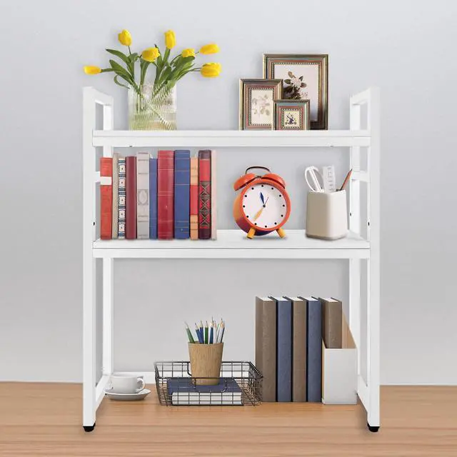 Alt view image 2 of 6 - Computer Desktop Bookcase, 2-Tier Desk Hutch, Multipurpose Countertop Storage Hutch, Adjustable Wood Rack Organizer for Home Dorm Office Supplies
