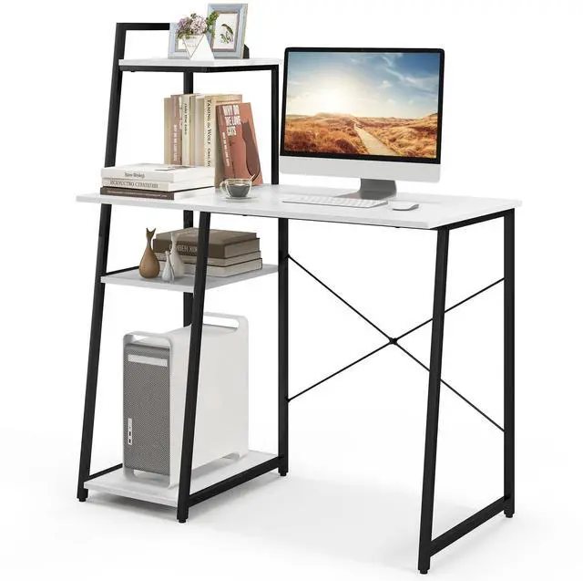 Main image of Computer Desk with 4-Tier Storage Shelves, Home Office Desk Writing Table with Sturdy X-Shape Frame, Adjustable Foot Pads, Modern Simple Style Study Desk, Wide Tabletop (White and Black)