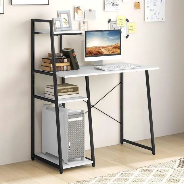 Alt view image 2 of 6 - Computer Desk with 4-Tier Storage Shelves, Home Office Desk Writing Table with Sturdy X-Shape Frame, Adjustable Foot Pads, Modern Simple Style Study Desk, Wide Tabletop (White and Black)