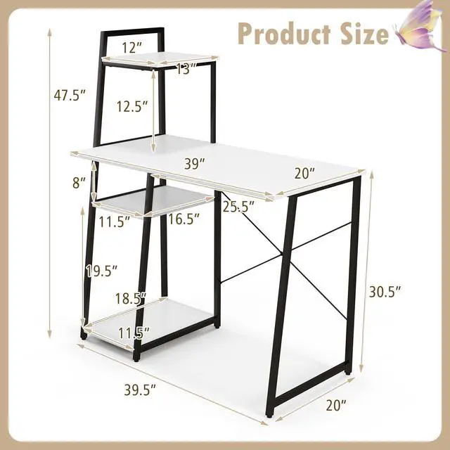 Alt view image 3 of 6 - Computer Desk with 4-Tier Storage Shelves, Home Office Desk Writing Table with Sturdy X-Shape Frame, Adjustable Foot Pads, Modern Simple Style Study Desk, Wide Tabletop (White and Black)