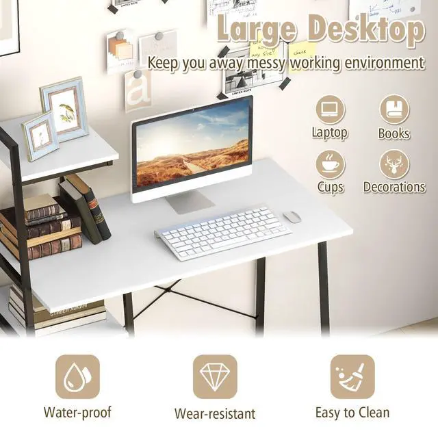 Alt view image 5 of 6 - Computer Desk with 4-Tier Storage Shelves, Home Office Desk Writing Table with Sturdy X-Shape Frame, Adjustable Foot Pads, Modern Simple Style Study Desk, Wide Tabletop (White and Black)