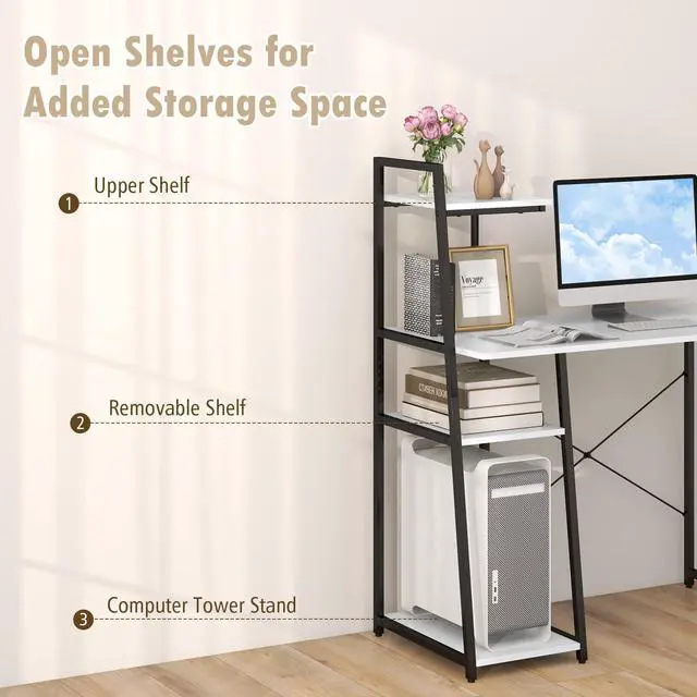 Alt view image 6 of 6 - Computer Desk with 4-Tier Storage Shelves, Home Office Desk Writing Table with Sturdy X-Shape Frame, Adjustable Foot Pads, Modern Simple Style Study Desk, Wide Tabletop (White and Black)