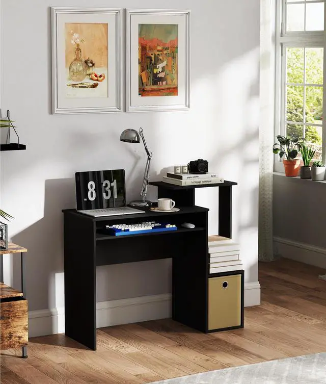 Alt view image 3 of 6 - Black Computer Desk, Working Table with Keyboard Drawer Small Study Desk for Bedroom Home Workstation for Writing Working Studying