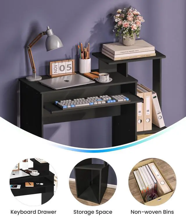Alt view image 4 of 6 - Black Computer Desk, Working Table with Keyboard Drawer Small Study Desk for Bedroom Home Workstation for Writing Working Studying