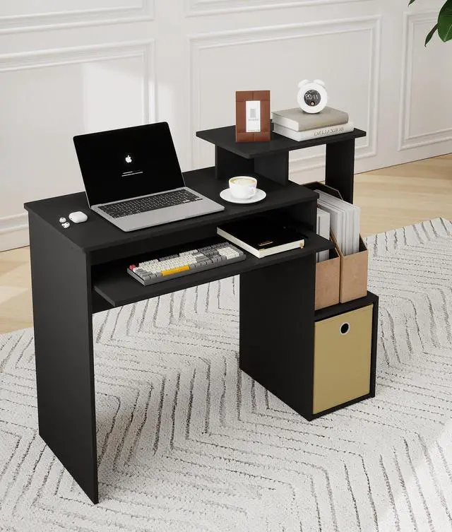 Alt view image 5 of 6 - Black Computer Desk, Working Table with Keyboard Drawer Small Study Desk for Bedroom Home Workstation for Writing Working Studying