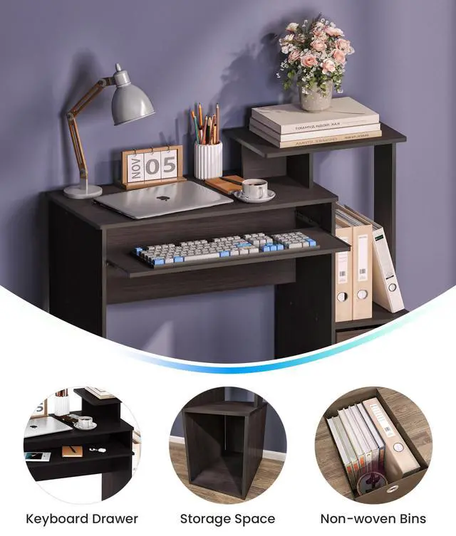 Alt view image 4 of 6 - Small Computer Desk with Drawers, Working Table with Keyboard Tray for Bedroom Home Workstation for Writing Working Studying